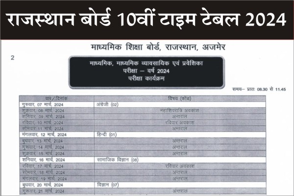 Rajasthan Board 10th Time Table 2024, rajasthan board 10th time table, rbse 10th exam time table 2024, 10th time table 2024, rbse 10th class time table, rbse board exam date 2024, rbse 10th exam date sheet