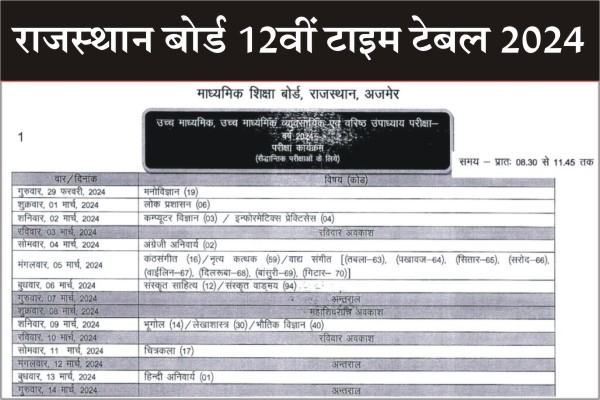 Rajasthan Board 12th Time Table 2024, rajasthan board 12th time table, rbse 12th exam time table 2024, 12th time table 2024, rbse 12th class time table, rbse board exam date 2024, rbse 12th exam date sheet