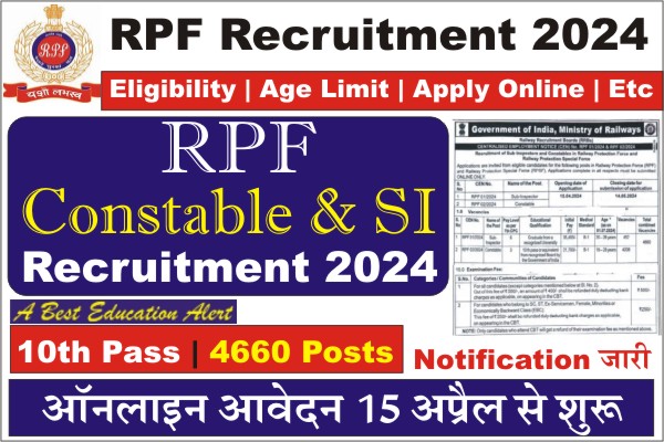 RPF Recruitment 2024 Notification Out for 4460 Constable, SI Posts, RPF Constable & SI Recruitment 2024, RPF Vacancy 2024, RPF Bharti 2024, RPF SI Recruitment 2024, RPF Constable Recruitment 2024