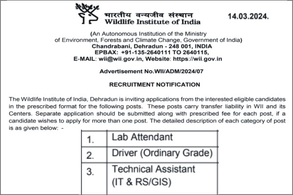 Wildlife Institute of India Recruitment, Wildlife Institute of India Vacancy 2024, Wildlife Institute of India Bharti 2024, Notification pdf, application form